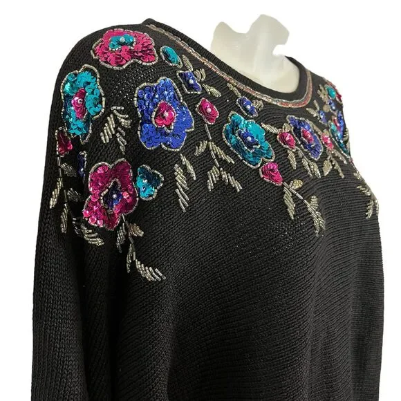 Victoria Jones Womens Vintage Beaded Sequin Floral Dolman Sleeve Sweater sz L - Picture 4 of 16